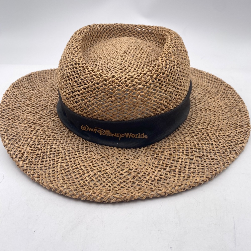 Walt Disney World Disney Parks Straw Sun Hat Adult Tan Black Gold Logo Wide Brim
